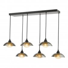 A modern black 6 light ceiling bar pendant light fitting with smoked black glass shades