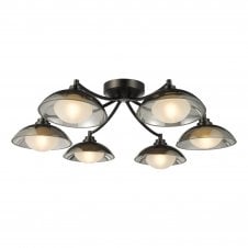a modern black 6 light semi-flush ceiling light with smoked glass shades