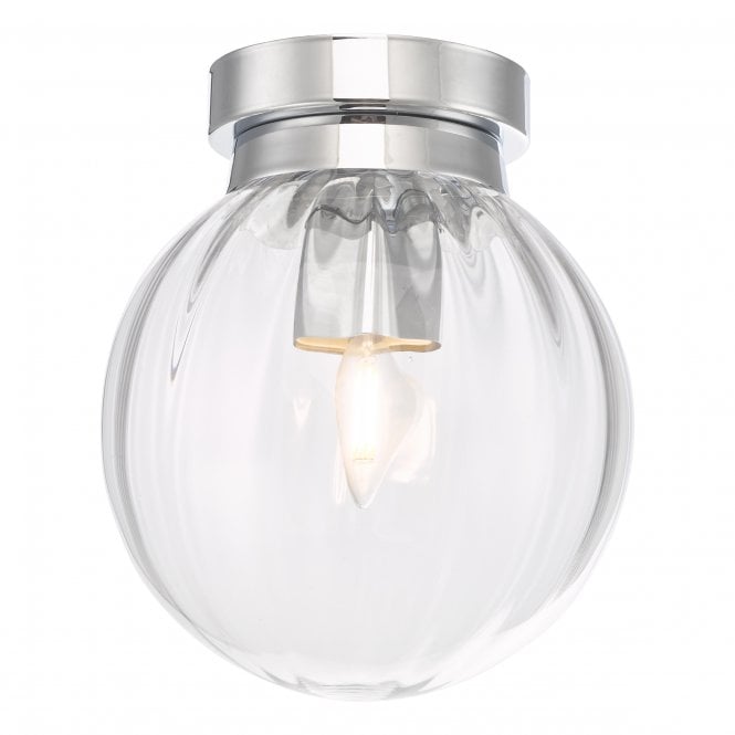 KAVI Flush Bathroom Ceiling Light Polished Chrome with ribbed glass shade