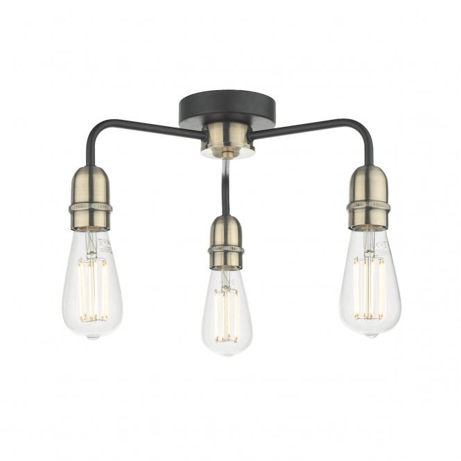 KIEFER 3 Light Flush Ceiling Light Black & Antique Brass; Get the Bare Bulb Look