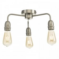 3 Light Flush Ceiling Light Satin Chrome Industrial Bare Bulb