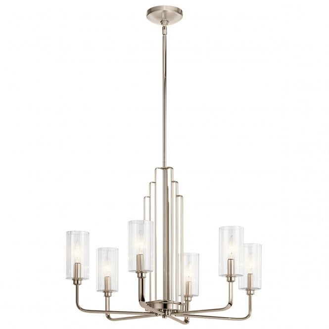 KIMROSE 6 Light Chandelier in Nickel with Clear Fluted Glass Shades