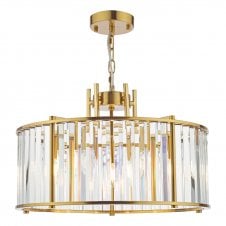 5 light brass ceiling pendant with crystal glass drum shade