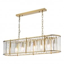 Brass rectangular chandelier, 7 light ceiling pendant with crystal shade