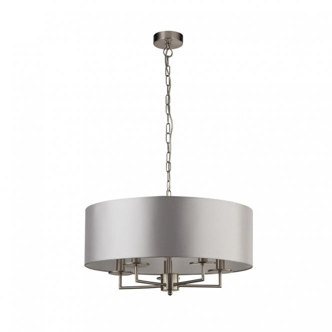 KNIGHTS Bridge 5 Light Satin Silver Ceiling Pendant With Silver Faux Silk Shade