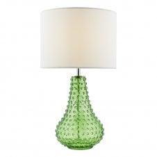 Green bobbled glass table lamp with white linen drum shade