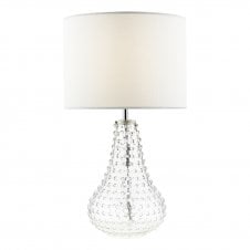 clear bobbled glass table lamp base with white linen drum shade