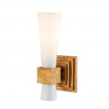 distressed gold wall light with opal glass shade