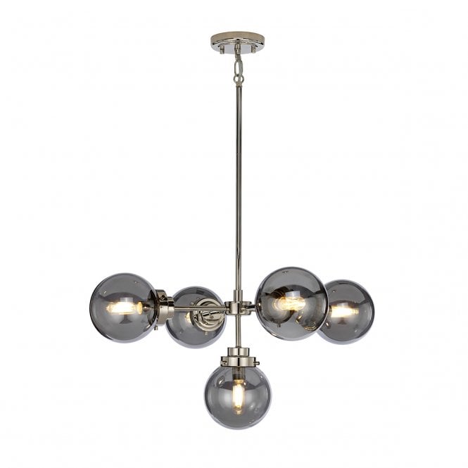KULA 5 Light Chandelier Polished Nickel with Mirror Glass Globe Shades.