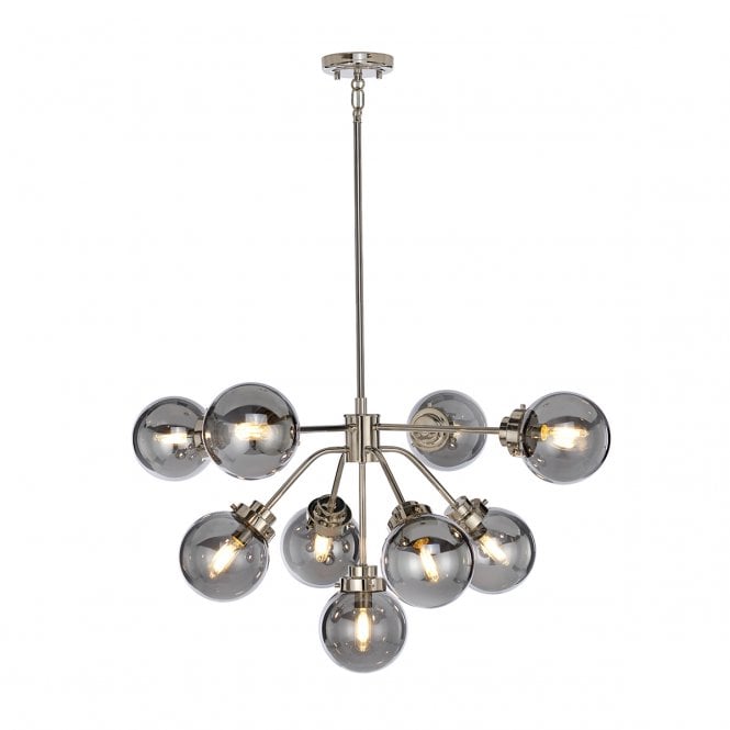 KULA 9 Light Chandelier in Polished Nickel with Glass Mirror Effect Globe Shades