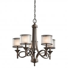 5 light bronze chandelier with mesh shades and opal inner glasses