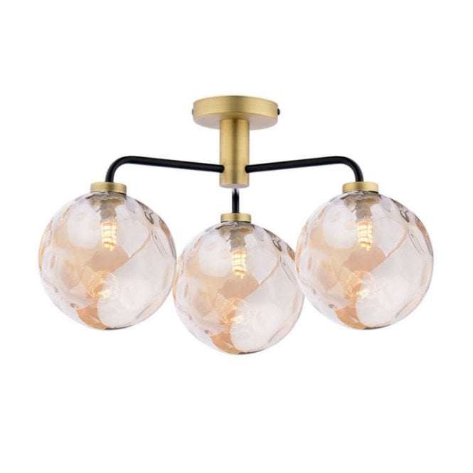 LAINEY 3 Light Semi-Flush | Matt Black, Antique Brass, Champagne Dimpled Glass