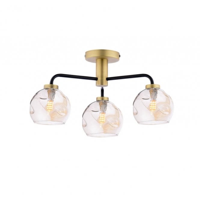 LAINEY 3 Light Semi-Flush | Matt Black, Antique Brass & Champagne Organic Glass