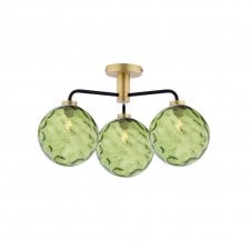 LAINEY 3 Light Semi-Flush | Matt Black, Antique Brass & Green Dimpled Glass
