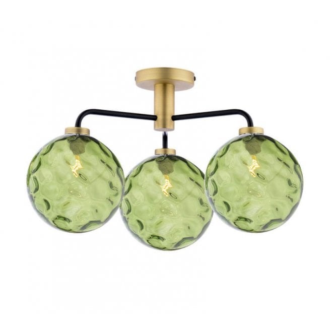 LAINEY 3 Light Semi-Flush | Matt Black, Antique Brass & Green Dimpled Glass