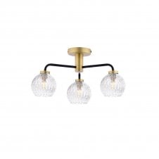 LAINEY 3 Light Semi-Flush | Matt Black, Antique Brass & Inner Wire Glass Shade