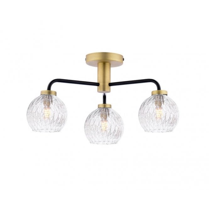 LAINEY 3 Light Semi-Flush | Matt Black, Antique Brass & Inner Wire Glass Shade