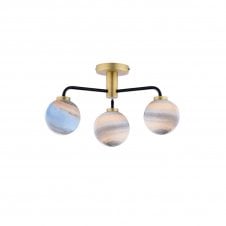 LAINEY 3 Light Semi-Flush | Matt Black, Antique Brass & Large Planet Glass