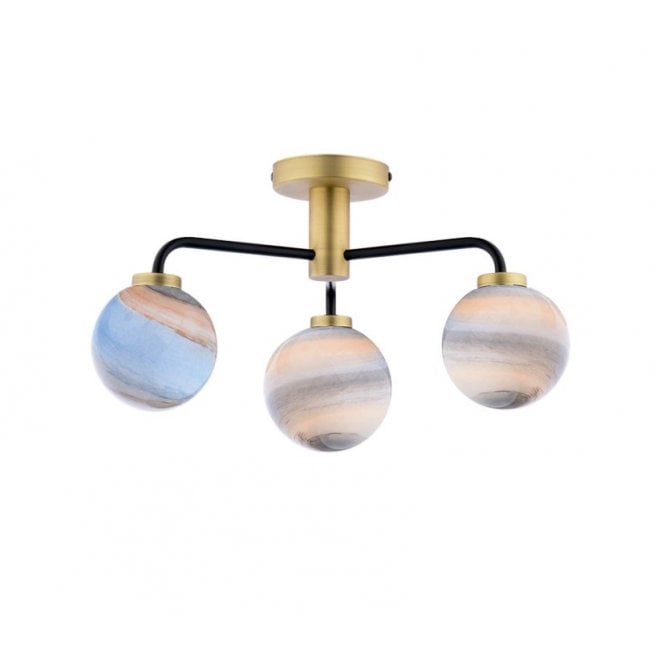 LAINEY 3 Light Semi-Flush | Matt Black, Antique Brass & Large Planet Glass