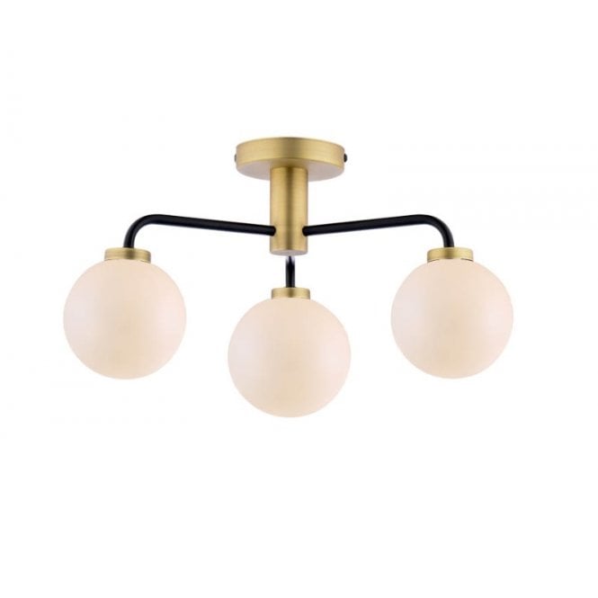 LAINEY 3 Light Semi-Flush | Matt Black, Antique Brass & Opal Glass