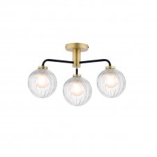 LAINEY 3 Light Semi-Flush | Matt Black, Antique Brass, Opal & Ribbed Glass