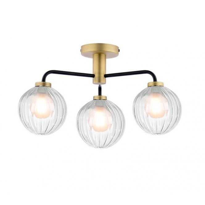 LAINEY 3 Light Semi-Flush | Matt Black, Antique Brass, Opal & Ribbed Glass