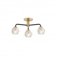 LAINEY 3 Light Semi-Flush | Matt Black, Antique Brass & Open Twisted Glass