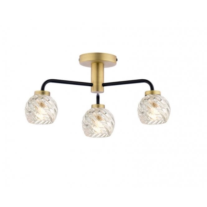 LAINEY 3 Light Semi-Flush | Matt Black, Antique Brass & Open Twisted Glass