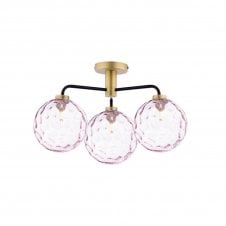 LAINEY 3 Light Semi-Flush | Matt Black, Antique Brass & Pink Dimpled Glass