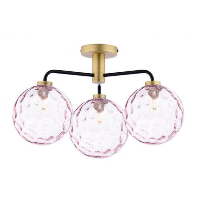 LAINEY 3 Light Semi-Flush | Matt Black, Antique Brass & Pink Dimpled Glass