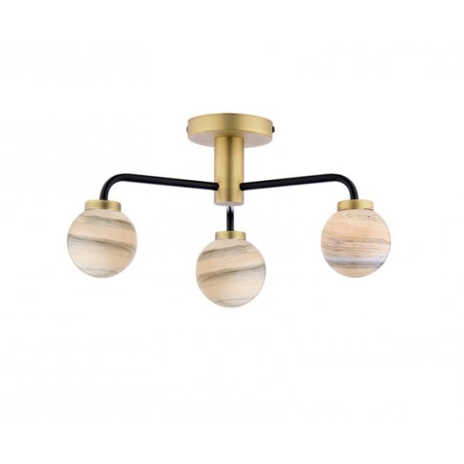 LAINEY 3 Light Semi-Flush | Matt Black, Antique Brass & Planet Glass