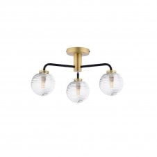 LAINEY 3 Light Semi-Flush | Matt Black, Antique Brass & Ribbed Glass
