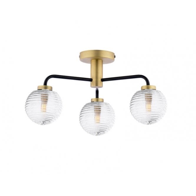LAINEY 3 Light Semi-Flush | Matt Black, Antique Brass & Ribbed Glass