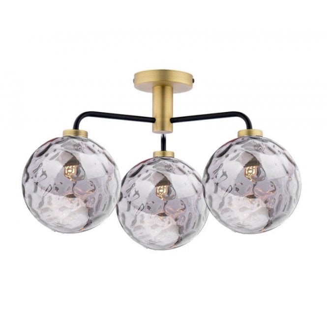 LAINEY 3 Light Semi-Flush | Matt Black, Antique Brass & Smoked Dimpled Glass
