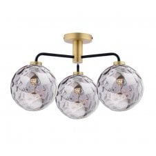 LAINEY 3 Light Semi-Flush | Matt Black, Antique Brass & Smoked Dimpled Glass