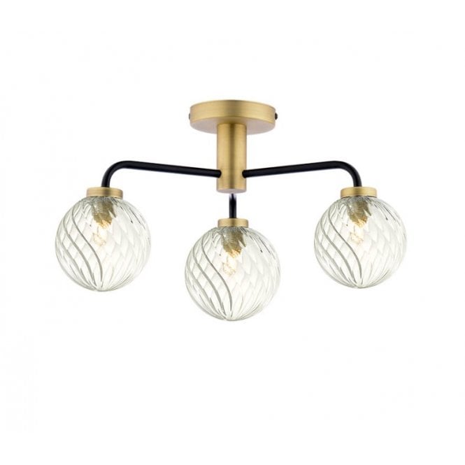LAINEY 3 Light Semi-Flush | Matt Black, Antique Brass & Twisted Closed Glass