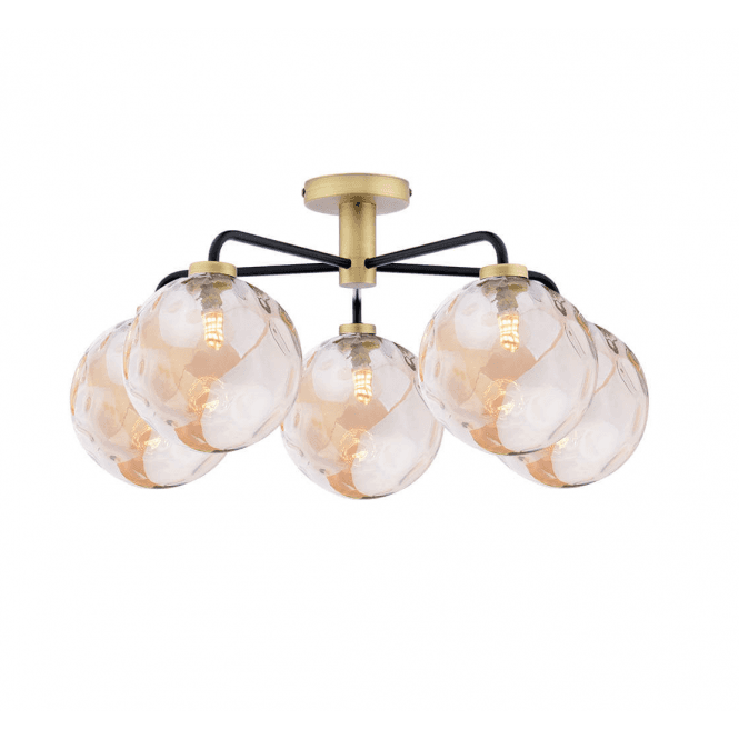 LAINEY 5 Light Semi-Flush | Matt Black, Antique Brass & Champagne Dimpled Glass