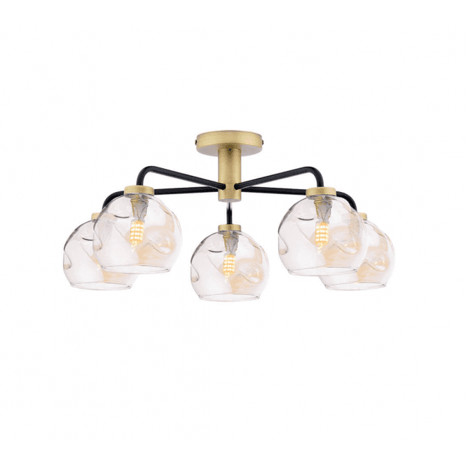 LAINEY 5 Light Semi-Flush | Matt Black, Antique Brass & Champagne Organic Glass