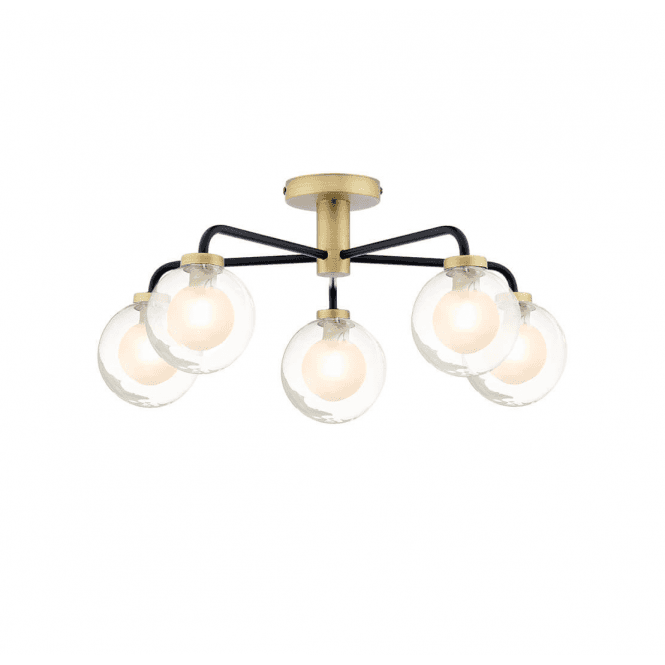 LAINEY 5 Light Semi-Flush | Matt Black, Antique Brass, Clear & Opal Glass