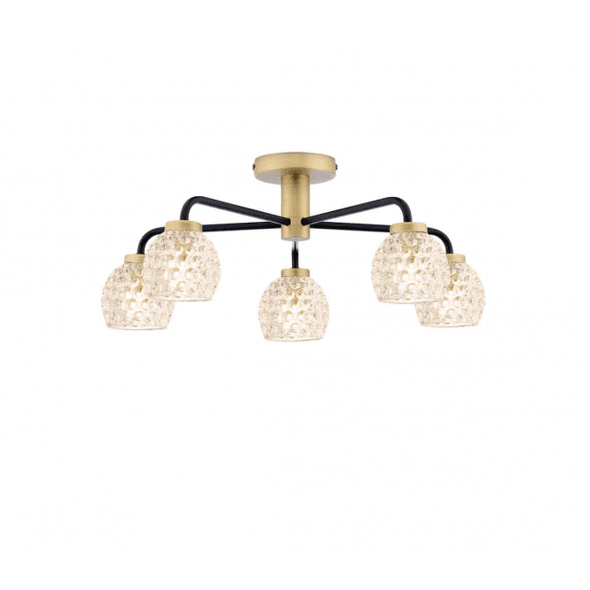 LAINEY 5 Light Semi-Flush | Matt Black, Antique Brass & Dimpled Glass
