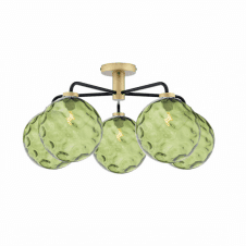 LAINEY 5 Light Semi-Flush | Matt Black, Antique Brass & Green Dimpled Glass