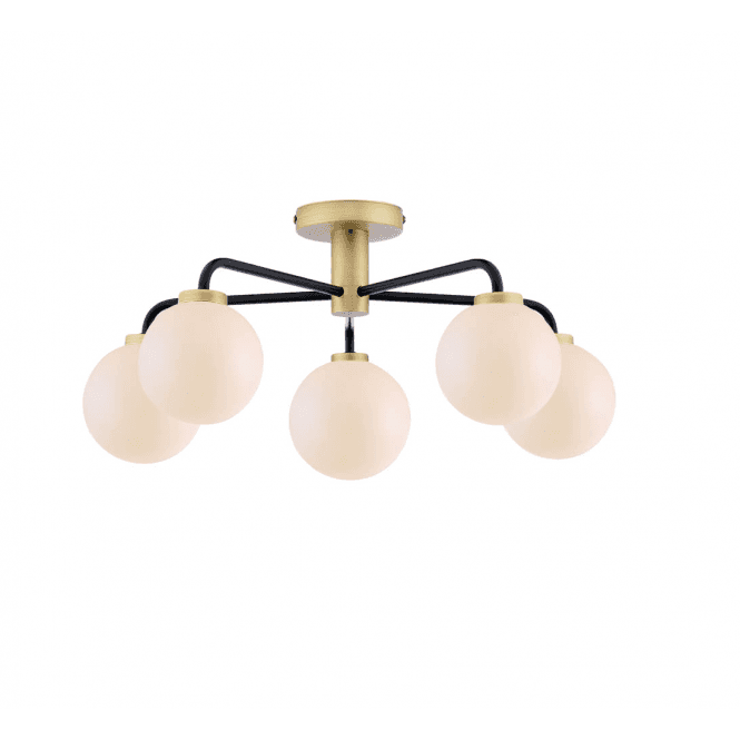LAINEY 5 Light Semi-Flush | Matt Black, Antique Brass & Opal Glass