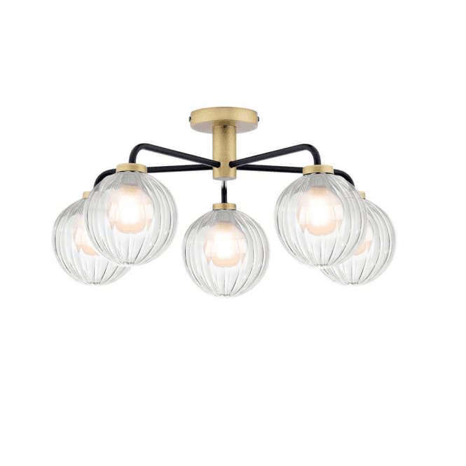 LAINEY 5 Light Semi-Flush | Matt Black, Antique Brass, Opal & Ribbed Glass