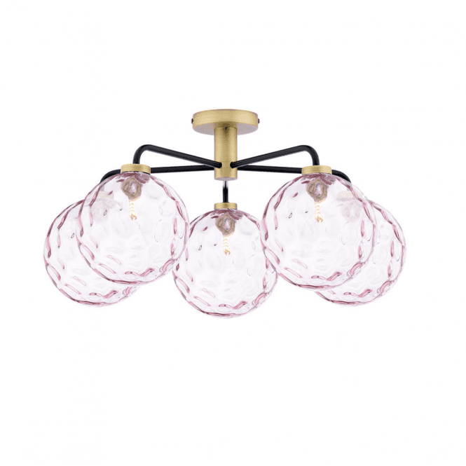 LAINEY 5 Light Semi-Flush | Matt Black, Antique Brass & Pink Dimpled Glass