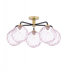 LAINEY 5 Light Semi-Flush | Matt Black, Antique Brass & Pink Dimpled Glass