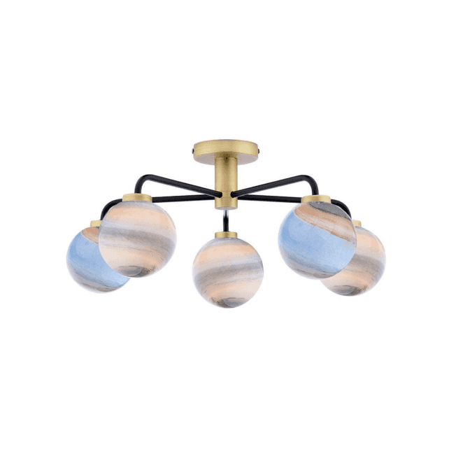 LAINEY 5 Light Semi-Flush | Matt Black, Antique Brass & Planet Glass (Large)