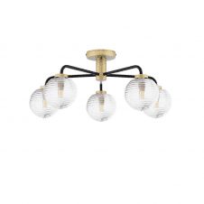 LAINEY 5 Light Semi-Flush | Matt Black, Antique Brass & Ribbed Glass