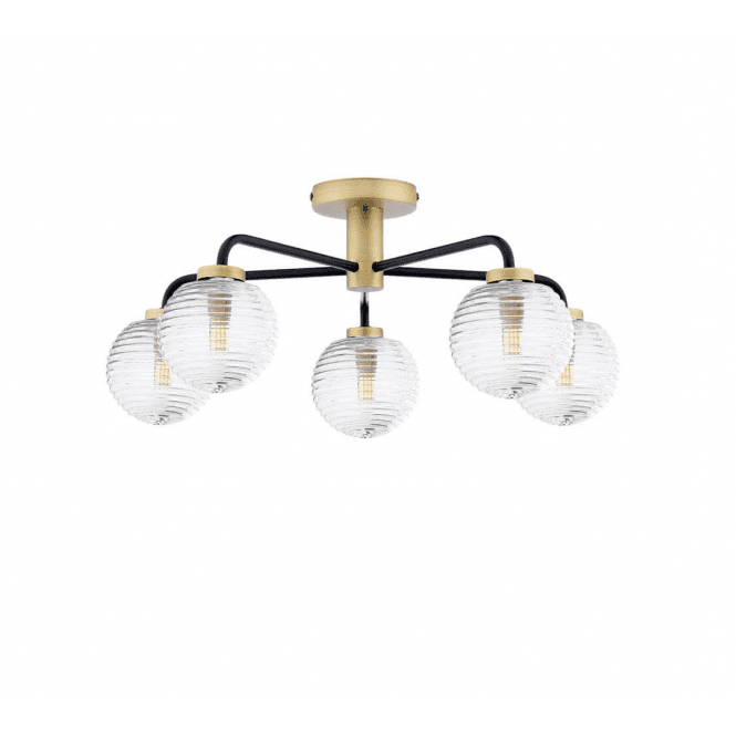LAINEY 5 Light Semi-Flush | Matt Black, Antique Brass & Ribbed Glass