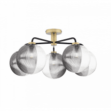 LAINEY 5 Light Semi-Flush | Matt Black, Antique Brass & Smoked & Clear Ribbed Glass (15cm)