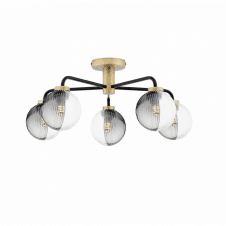 LAINEY 5 Light Semi-Flush | Matt Black, Antique Brass, Smoked & Clear Ribbed Glass